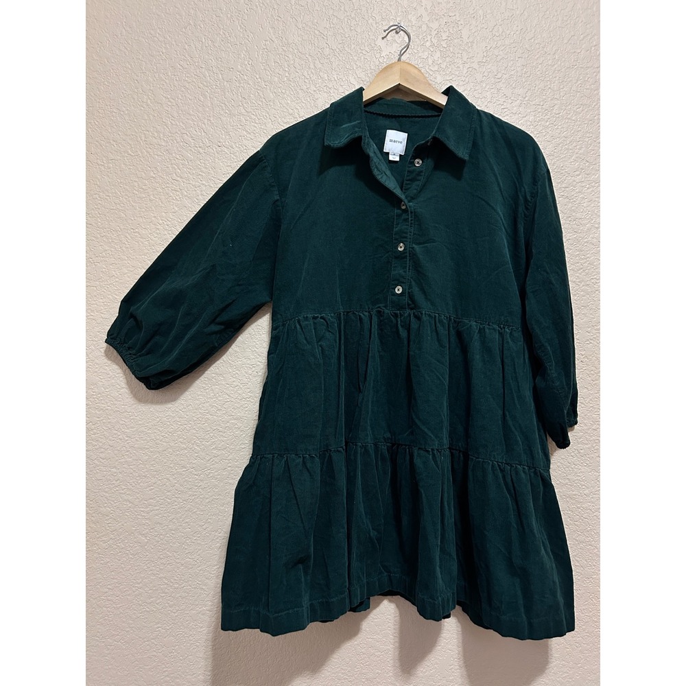 Maeve M Corduroy Tiered Mini Dress Green Babydoll Long Sleeve Cotton Boho Fall